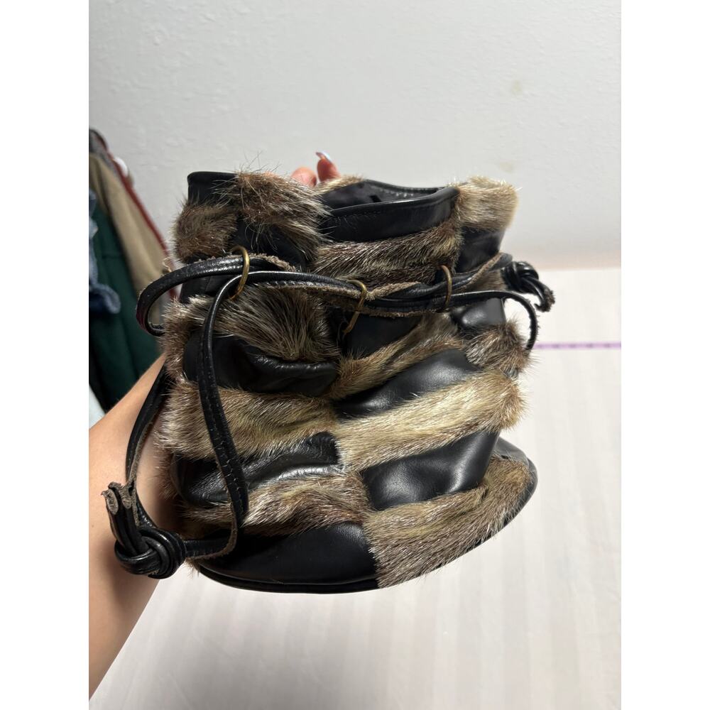 Vintage Fur Trim Leather Bucket Bag Y2K Boho Mini Bag Black Brown